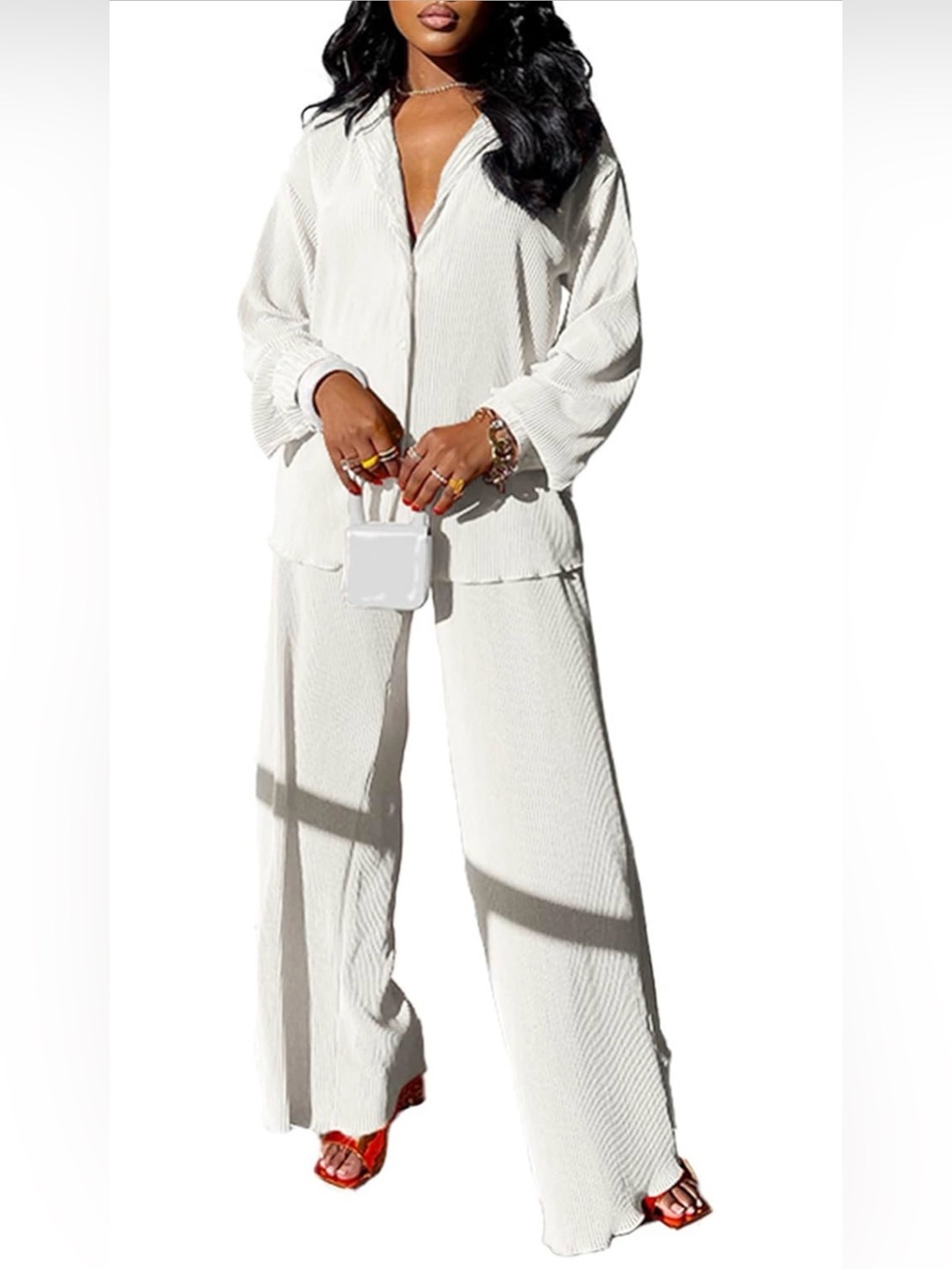 White Pleated Satin Button Down Shirt & Wide Leg Pants Matching Set